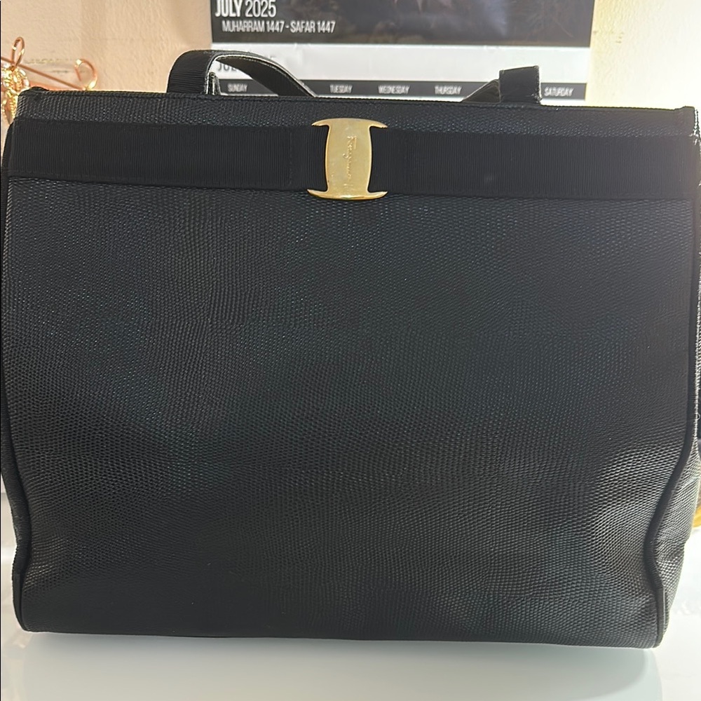Salvatore Ferragamo Black and Gold Structured Tote